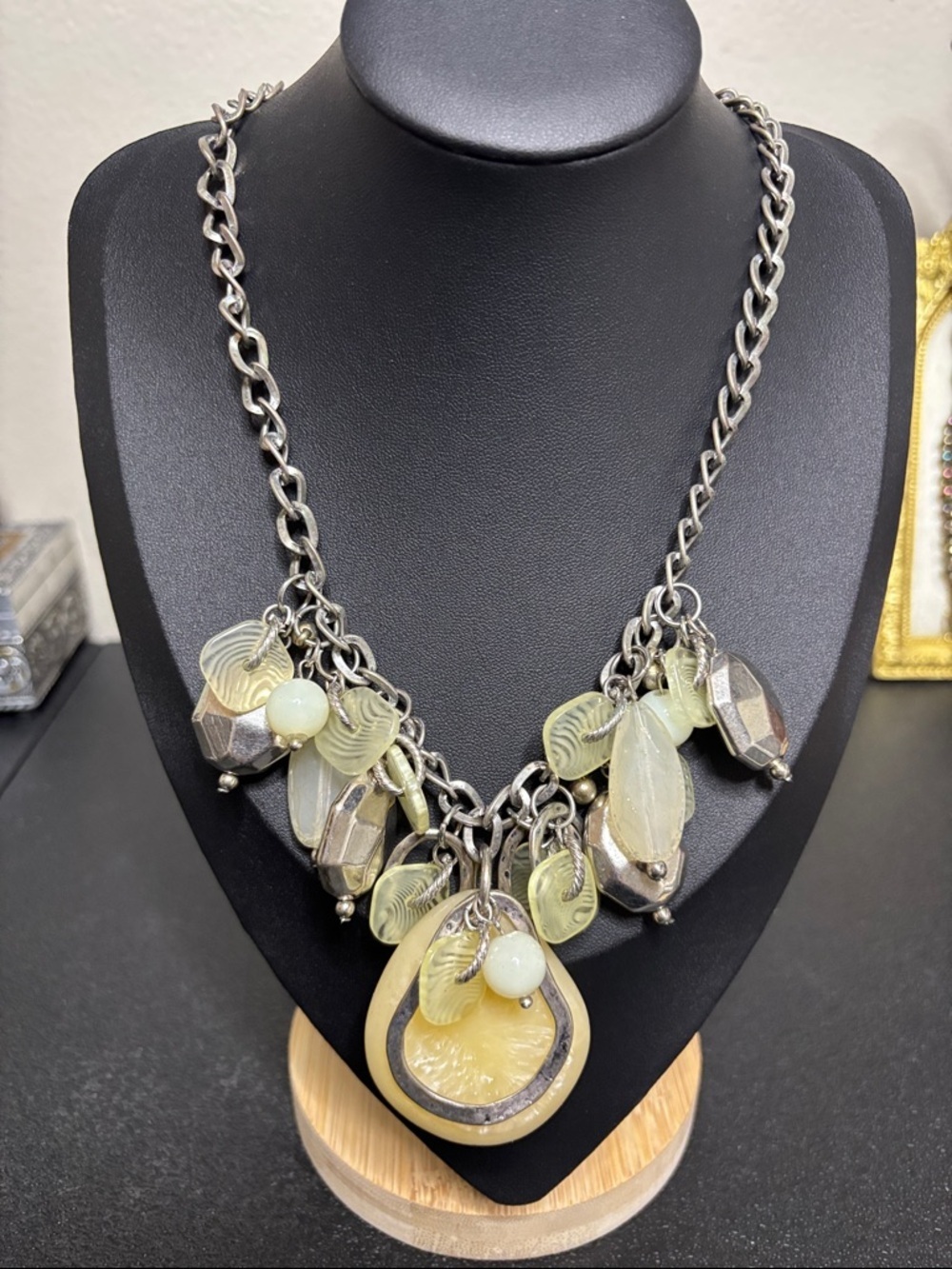 Chico’s Pale Yellow and Silver Tone Chain Statement Charm Necklace